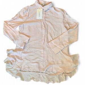 See and be‎ seen pink ruffle hem button up long tunic-style blouse shirt size S